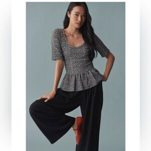 Brand New Anthropologie Maeve Peplum Scoop Neck Leopard Print Black White Tank